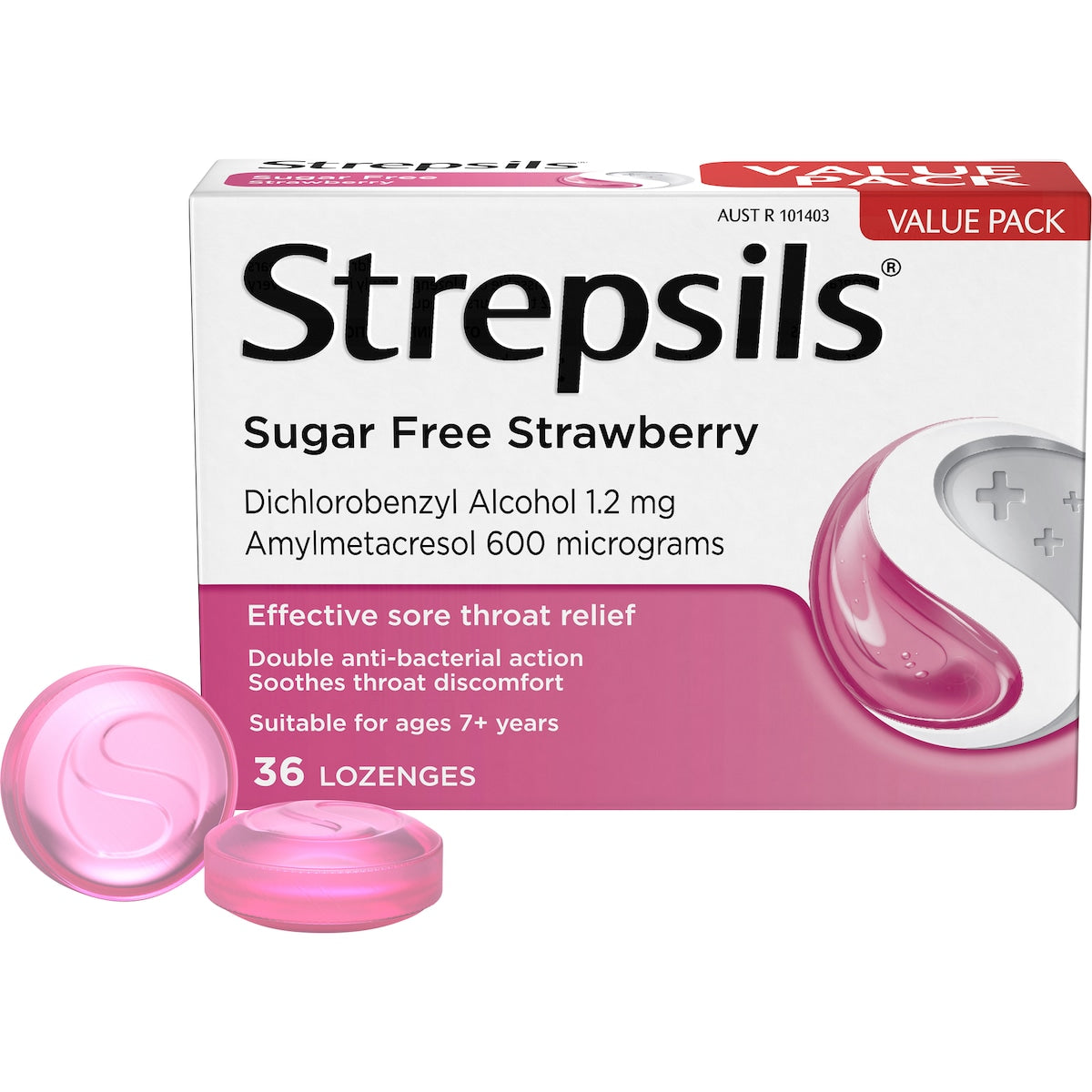 Strepsils Sore Throat Sugar Free Strawberry Lozenges 36 Pack