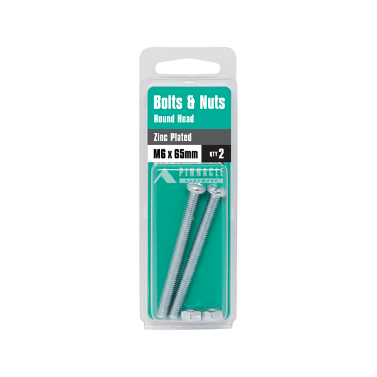 Pinnacle Zinc Plated Round Head Bolts & Nuts M6 x 65mm 2 Pack