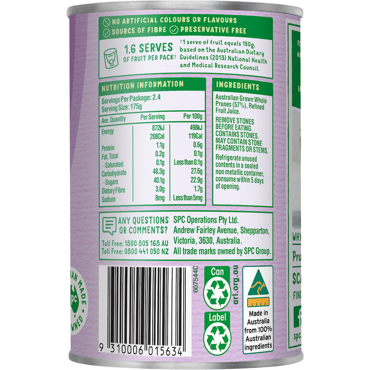 Spc Whole Prunes In Juice Canned Fruit 425g