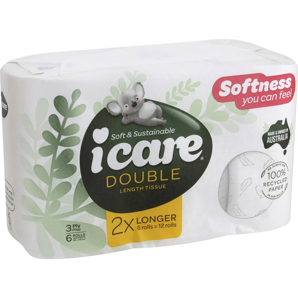 Icare 100% Recycled Double Length 3 Ply Toilet Tissue 6 Pack