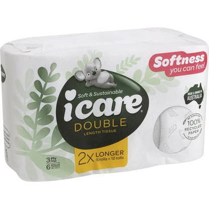 Icare 100% Recycled Double Length 3 Ply Toilet Tissue 6 Pack