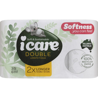 Icare 100% Recycled Double Length 3 Ply Toilet Tissue 6 Pack