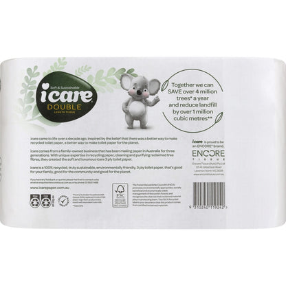 Icare 100% Recycled Toilet Tissue Double Length White 3 Ply Sheets 6 x 360 pack