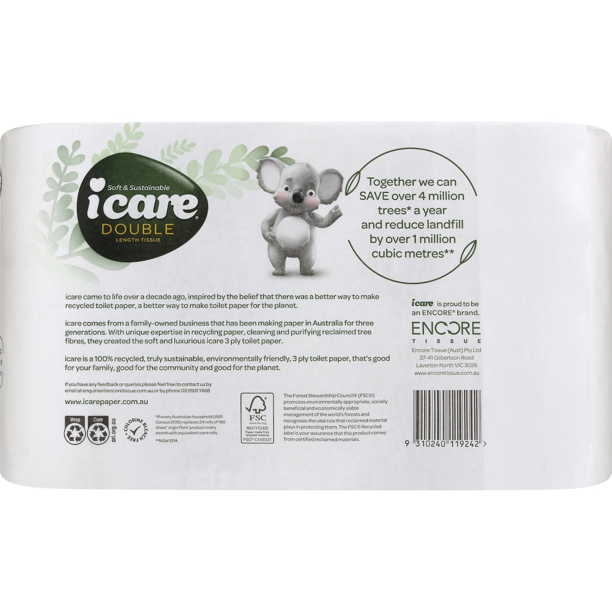 Icare 100% Recycled Double Length 3 Ply Toilet Tissue 6 Pack