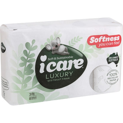 Icare 100% Recycled Luxury 3 Ply Toilet Tissue 8 Pack