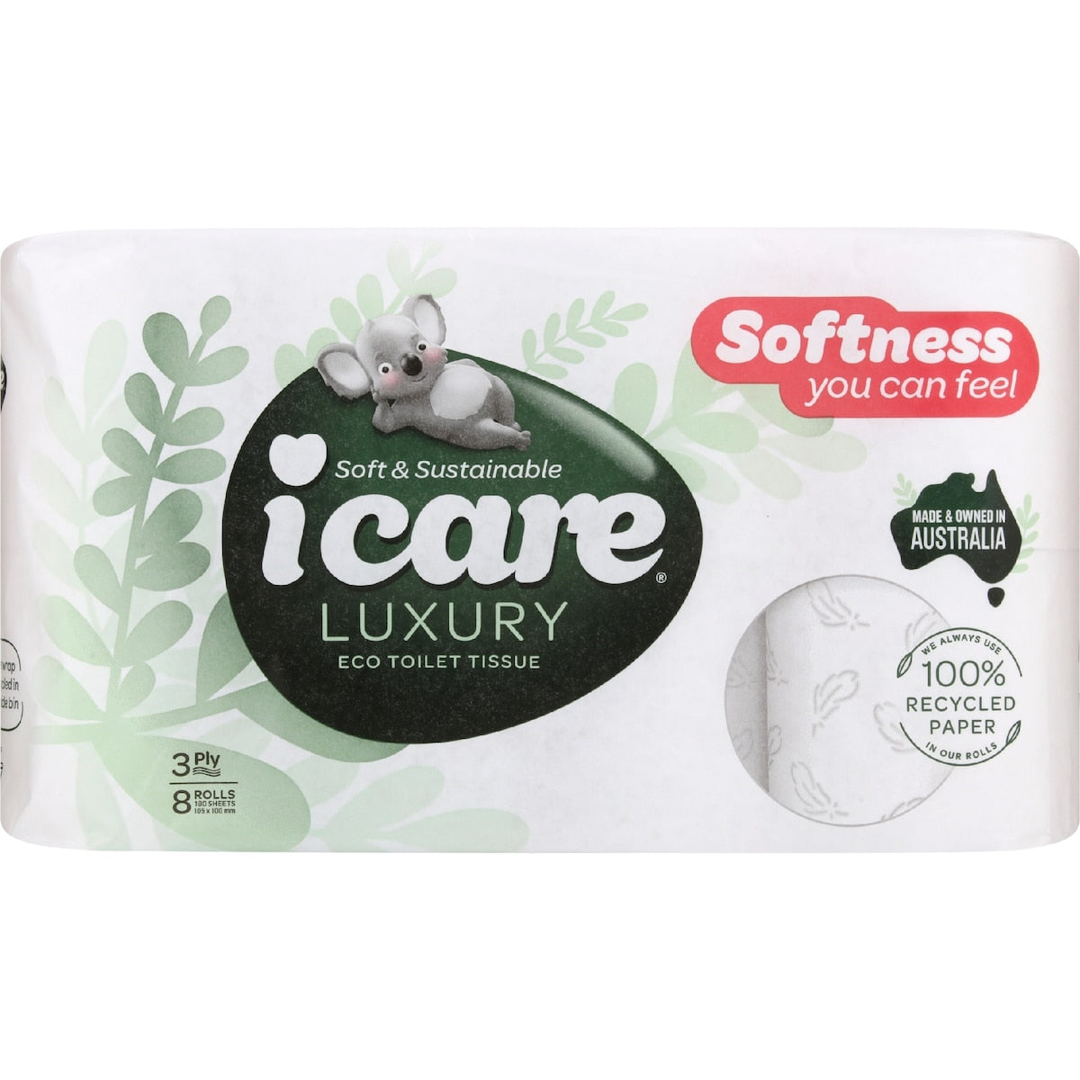 Icare 100% Recycled Luxury 3 Ply Toilet Tissue 8 Pack