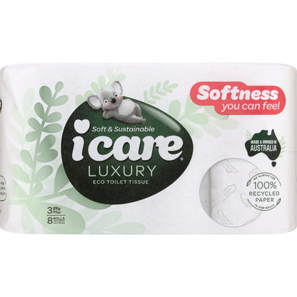 Icare 100% Recycled Luxury 3 Ply Toilet Tissue 8 Pack