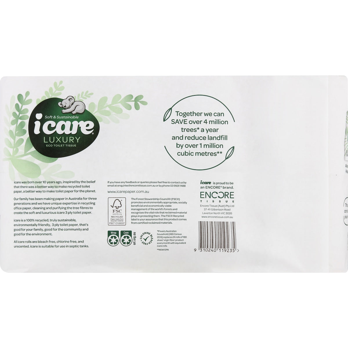 Icare 100% Recycled Luxury 3 Ply Toilet Tissue 8 Pack