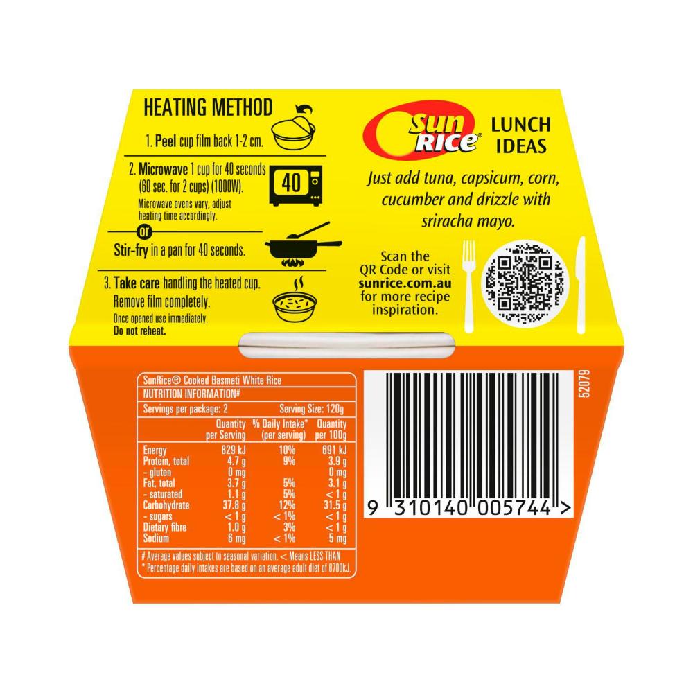 Sunrice Microwave Basmati Rice Cup 2x120g