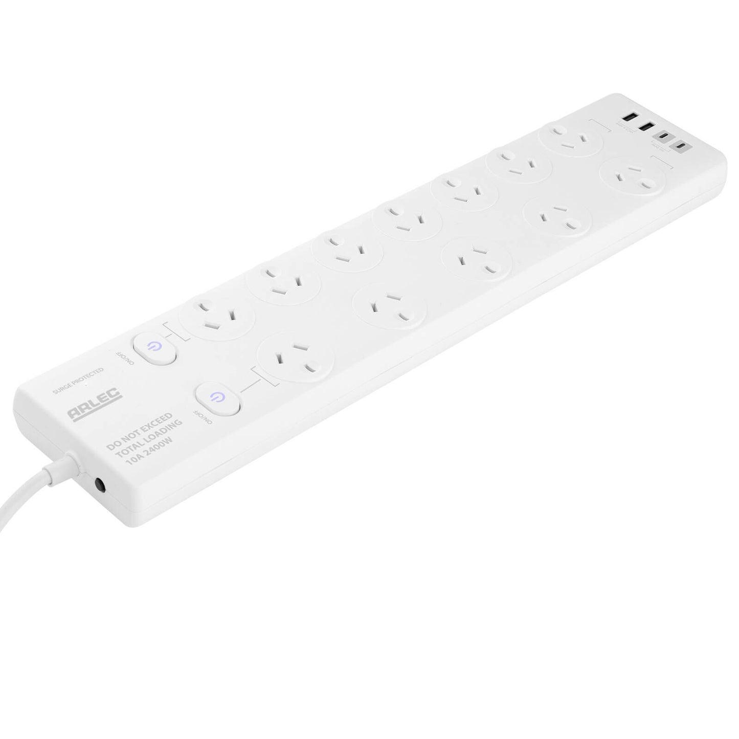 Arlec Surge Protected Powerboard - 12 Outlet - 190 x 30mm - White