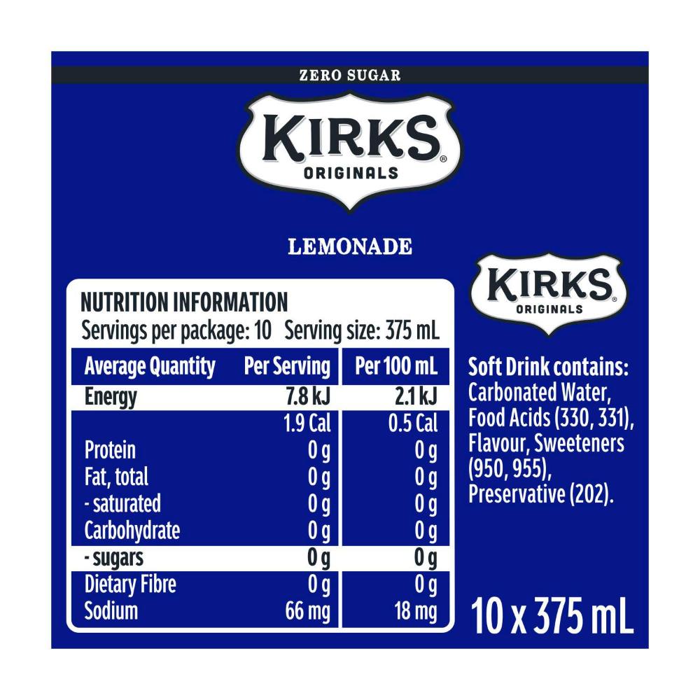 Kirks Drink Sugar Free Lemonade 10x375ml - 10 Pack