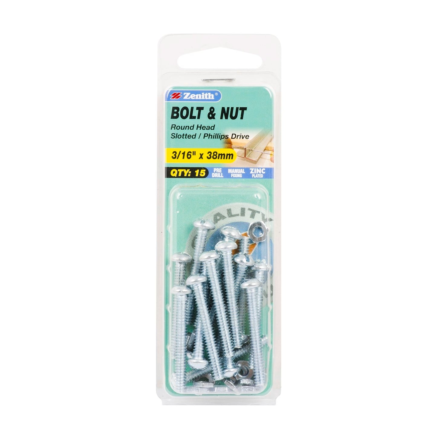 Zenith Round Head Bolt & Nut - 3/16 x 38mm - 15 Pack