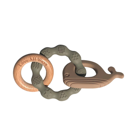 Love All Ways 3 Piece Silicone & Beechwood Teether - Sage - 1 pack