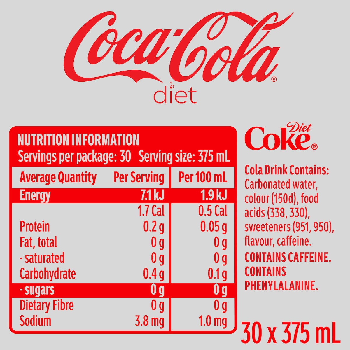 Coca-cola Diet Soft Drink Cans 375ml X 30 Pack