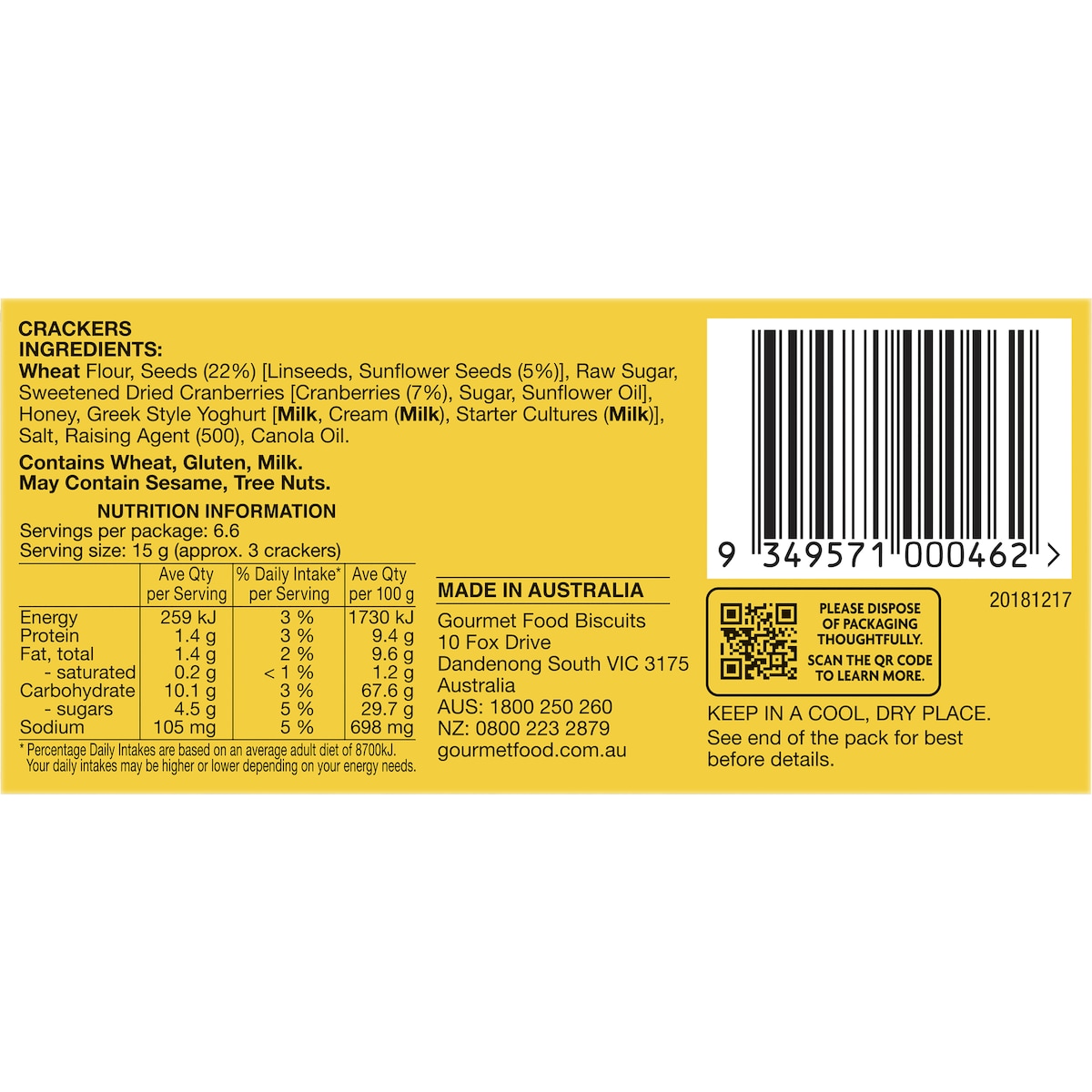 Olinas Bakehouse Artisan Crackers Biscuits Cranberry & Sunflower Seed 100g