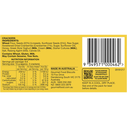 Olinas Bakehouse Artisan Crackers Biscuits Cranberry & Sunflower Seed 100g