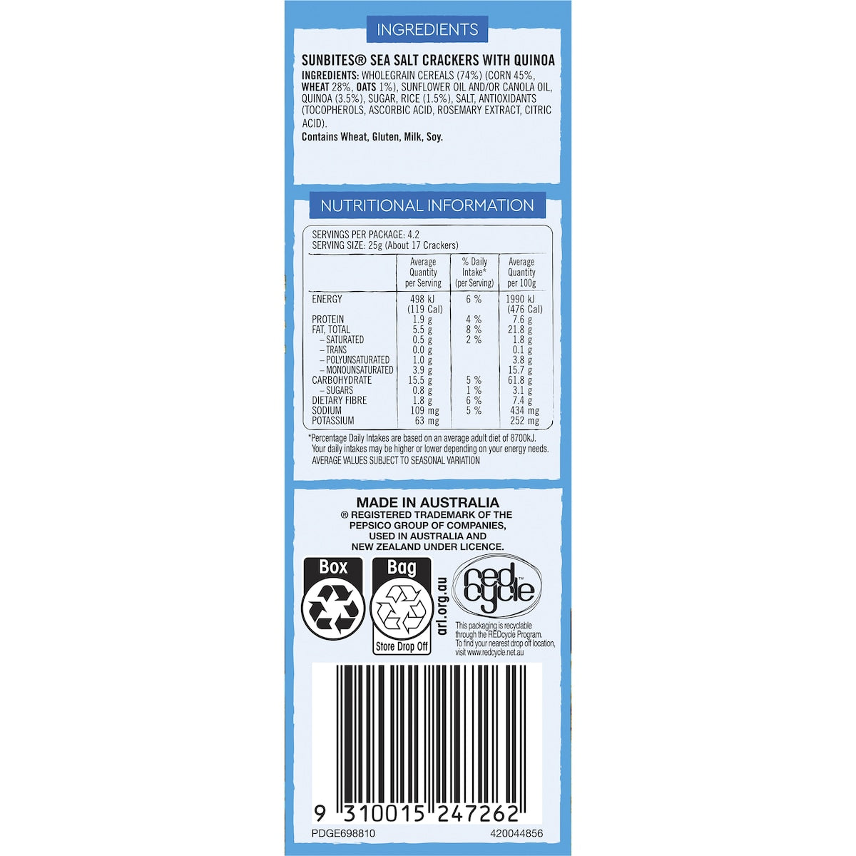 Sunbites Sea Salt Snack Crackers with Quinoa Share Pack 105g