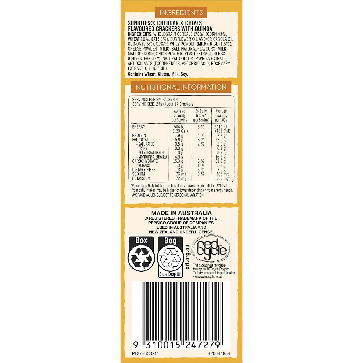 Sunbites Cheddar & Chives Crackers Quinoa Snack 110g