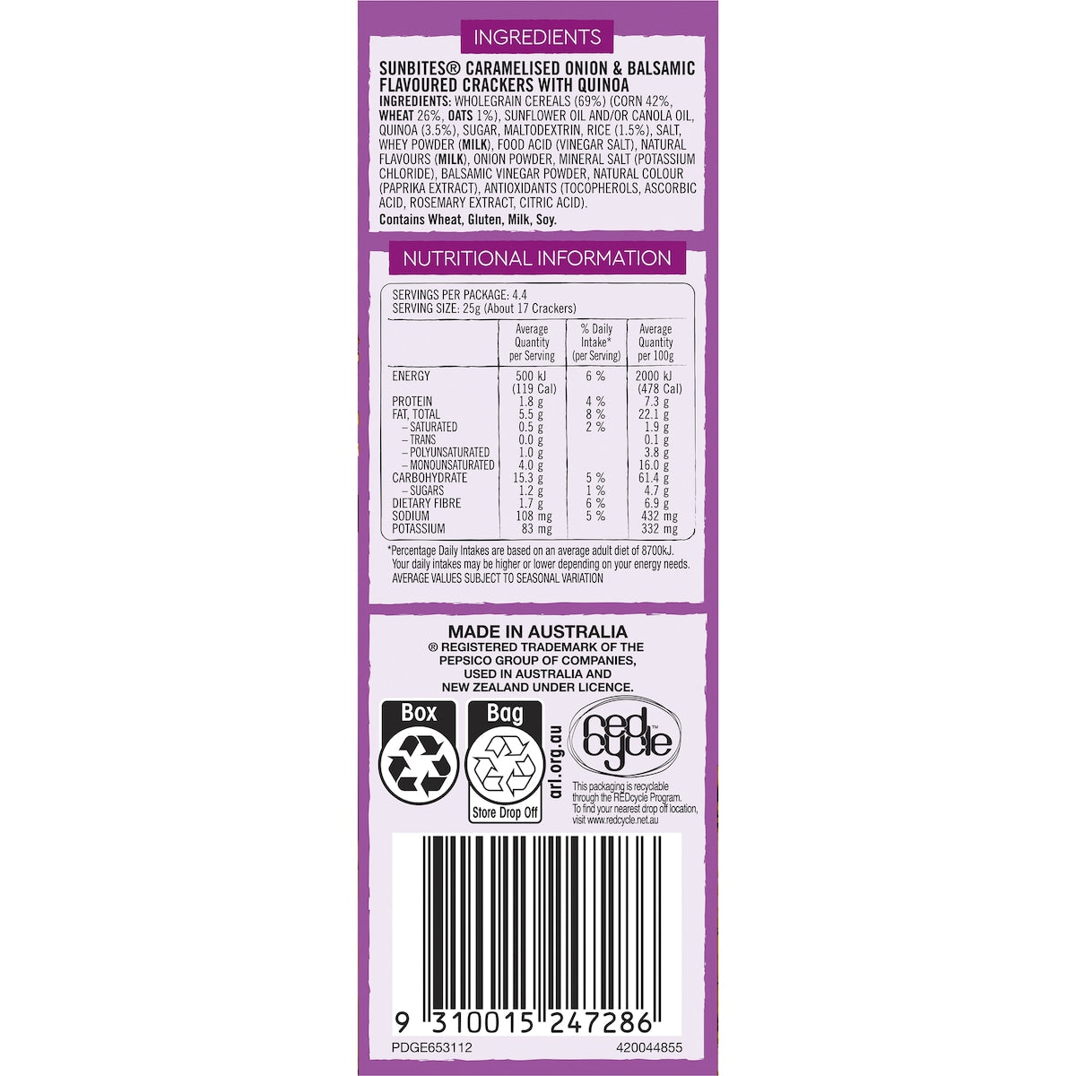 Sunbites Caramelised Onion & Balsamic Quinoa Crackers Share Pack 110g