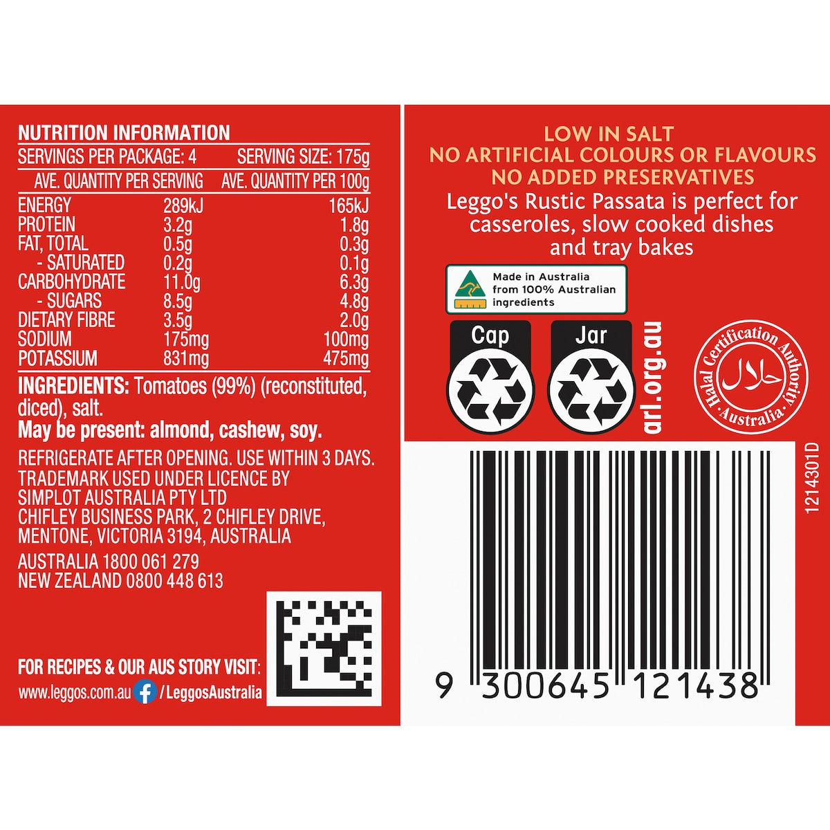 Leggos Australian Tomato Passata Sauce Rustic Thick & Chunky 700g