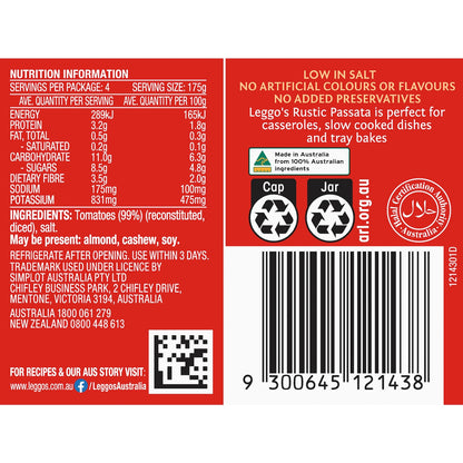 Leggos Australian Tomato Passata Sauce Rustic Thick & Chunky 700g