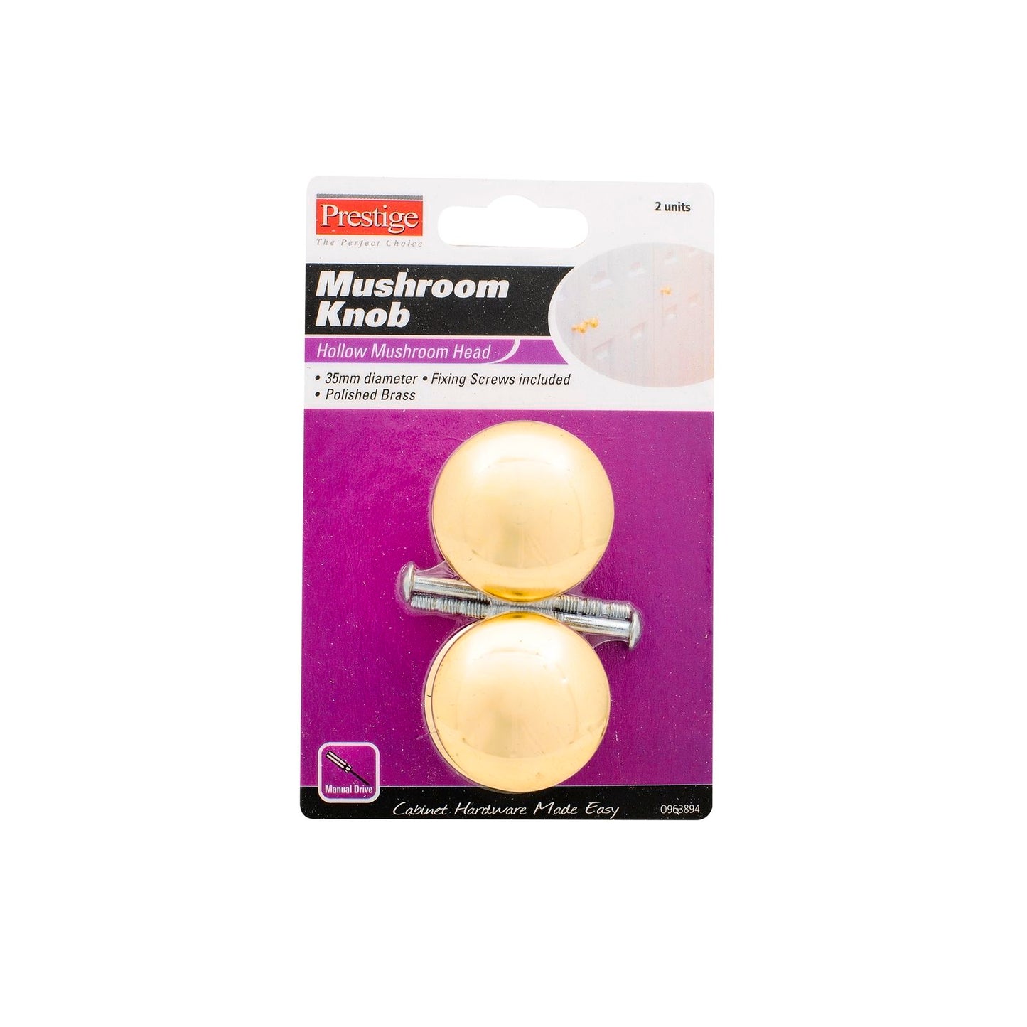 Prestige Polished Brass Hollow Mushroom Cupboard Knob - 35mm - 2 Pack