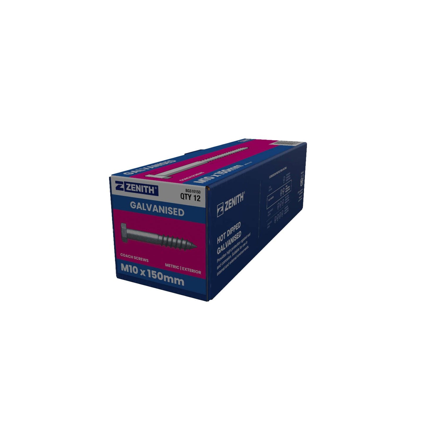 Zenith Hot Dip Galvanised Hex Head Coach Screws - M10 x 150mm - 25 Pack