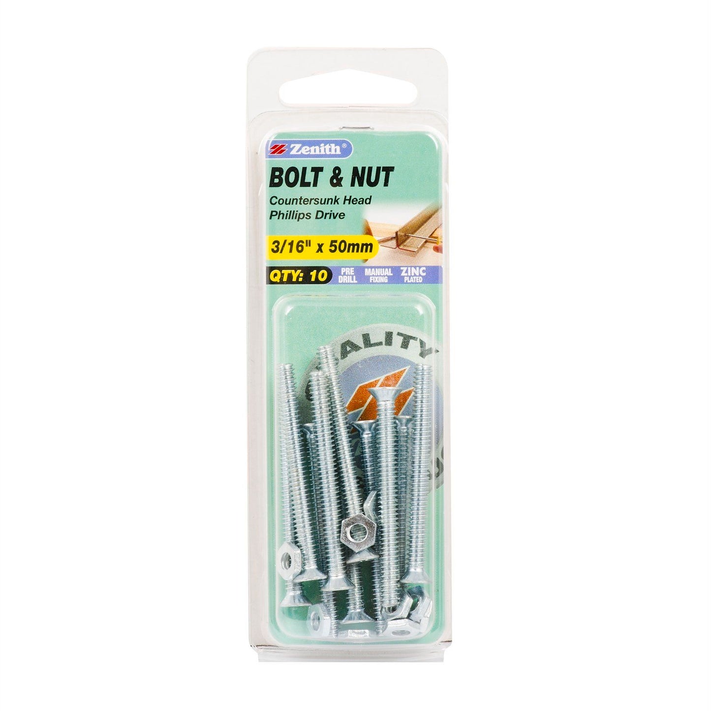 Zenith Countersunk Bolt & Nut - 3/16 x 50mm - 10 Pack
