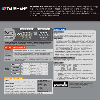 Taubmans All Weather Exterior Paint - 1L - Dark - Low Sheen