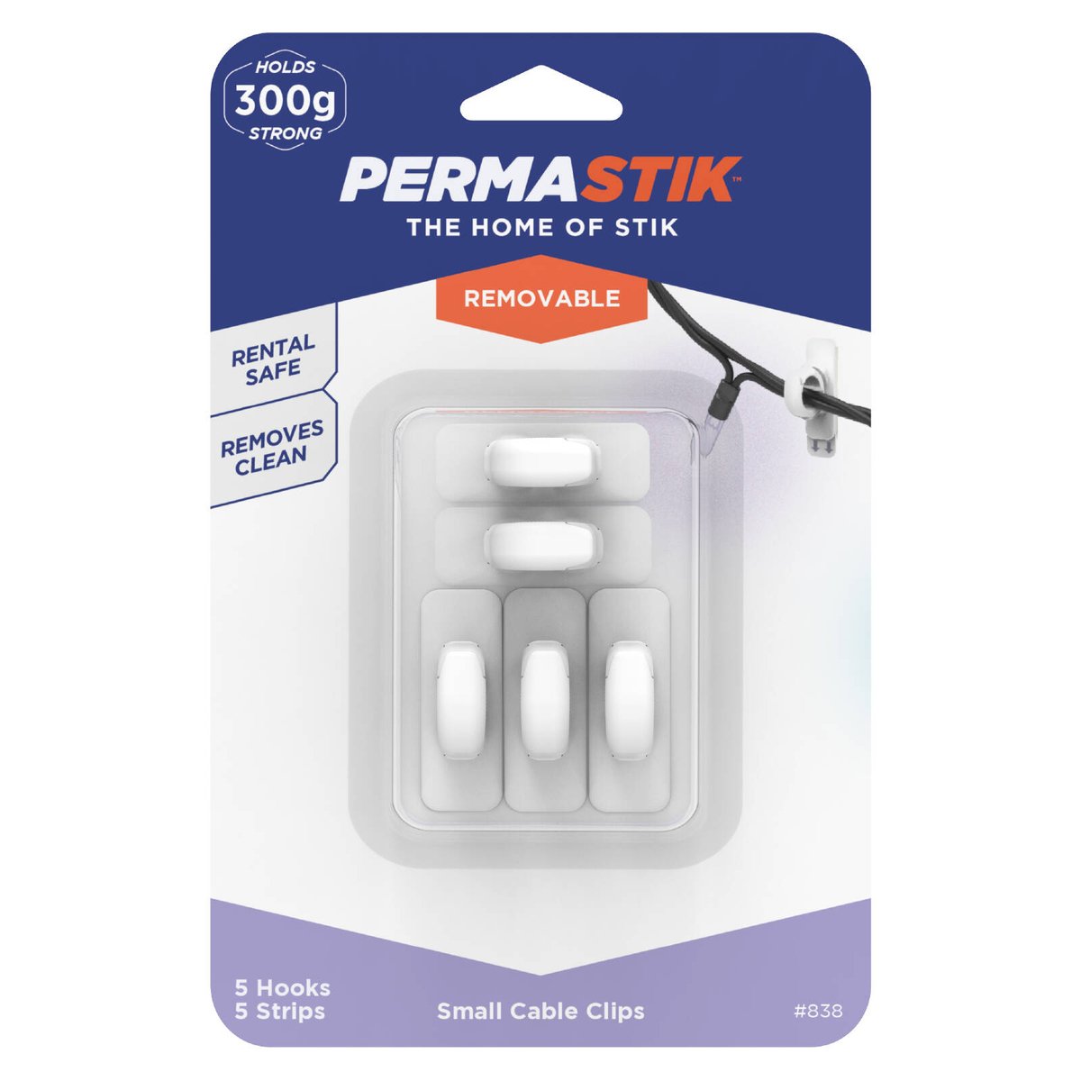 Permastik Small Cable Clips - 5 Pack - Plastic - Self-Adhesive