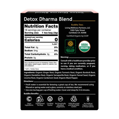 Buddha Teas Organic Herbal Tea Bags Detox Dharma Blend - 18 pack