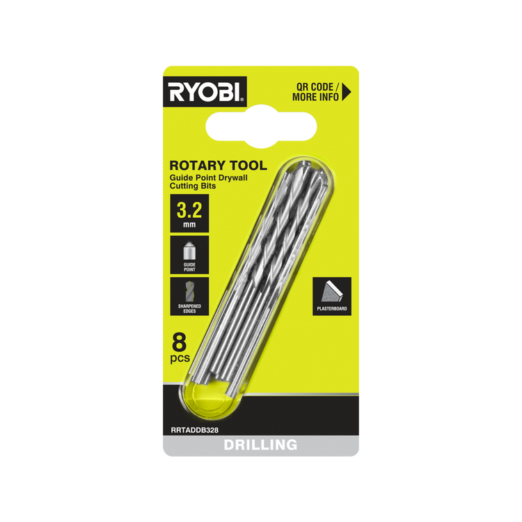 Ryobi 3.2mm 8 Piece Rotary Tool Guide Point Plasterboard Drill Bit Set