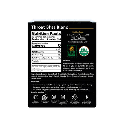 Buddha Teas Organic Herbal Tea Bags Throat Bliss Blend - 18 pack