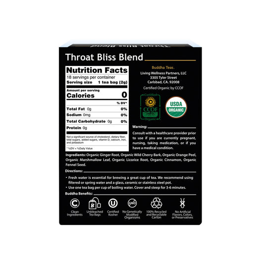 Buddha Teas Organic Herbal Tea Bags Throat Bliss Blend - 18 pack