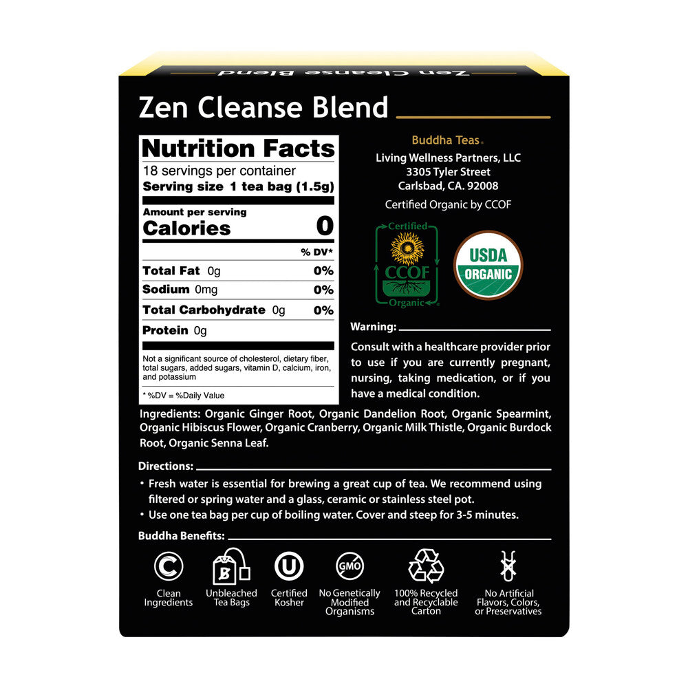 Buddha Teas Organic Herbal Tea Bags Zen Cleanse Blend - 18 pack