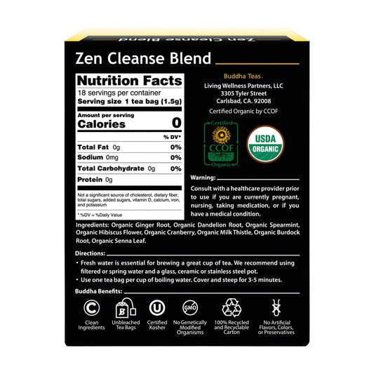 Buddha Teas Organic Herbal Tea Bags Zen Cleanse Blend - 18 pack