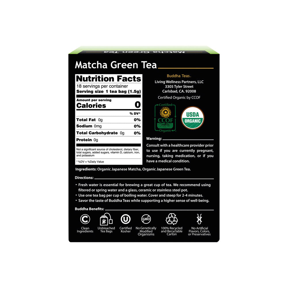 Buddha Teas Organic Tea Bags Matcha Green Tea - 18 pack