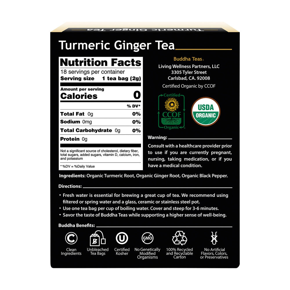 Buddha Teas Organic Herbal Tea Bags Turmeric Ginger Tea - 18 pack