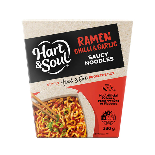 Hart & Soul Saucy Noodles Ready Meal Chilli & Garlic Ramen - 330 GRAM