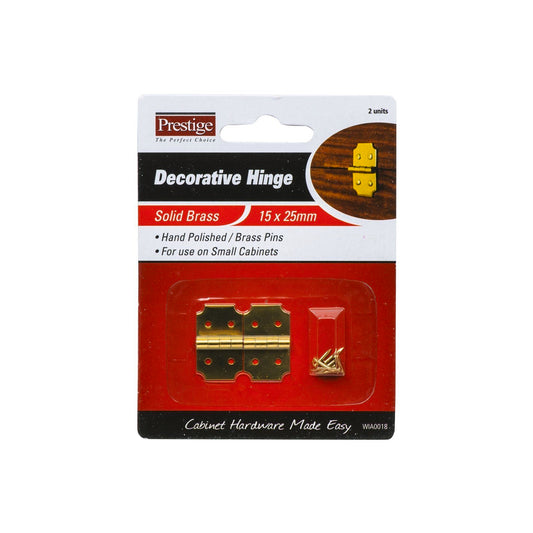 Prestige Decorative Brass Hinges - 15 x 25mm - Polished Brass - 2 Pack