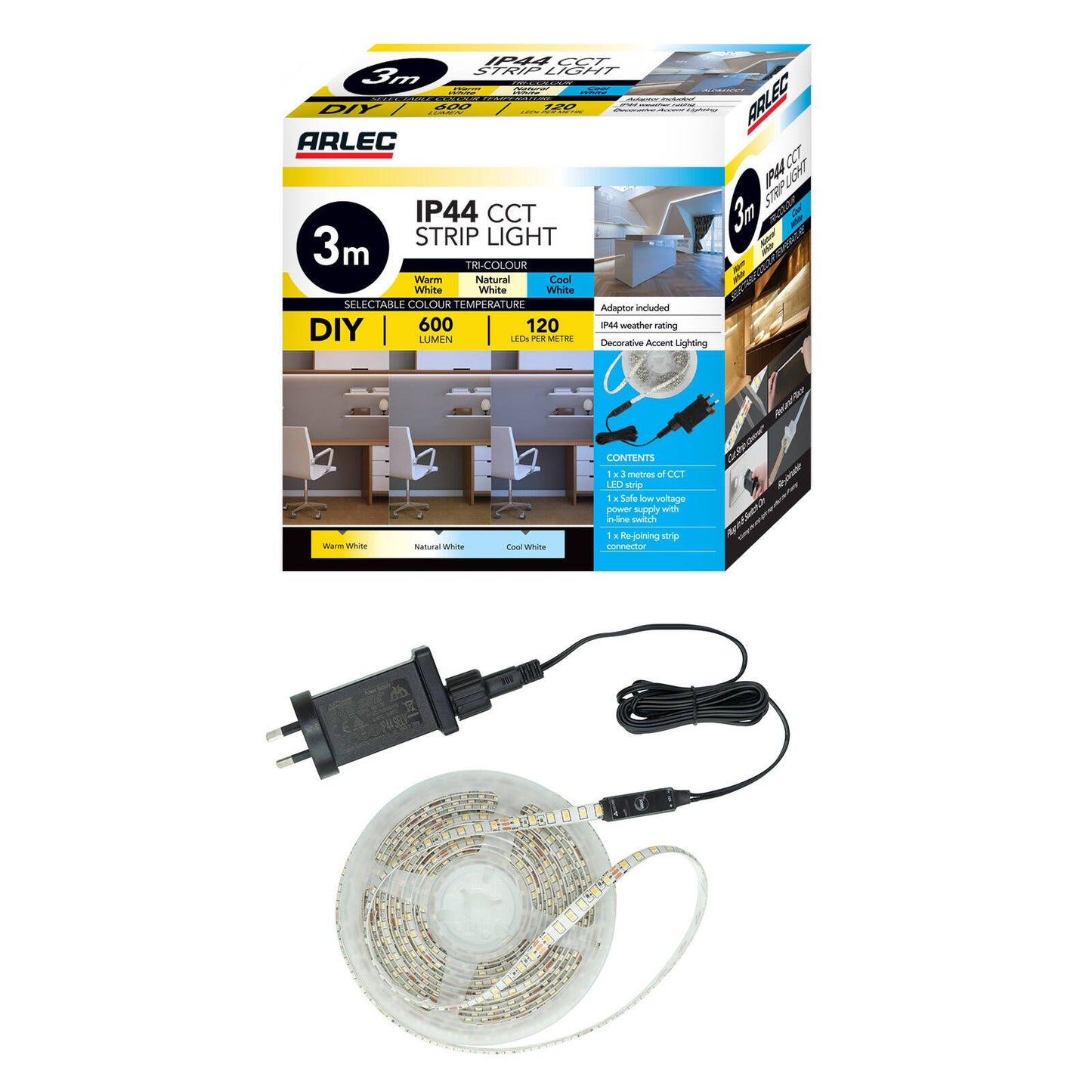Arlec LED Strip Light - 3m - 600lm - Tri-Colour