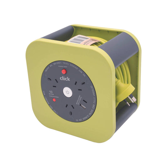 Click 3 Outlets 10m Square Cable Reel with USB Charger Green