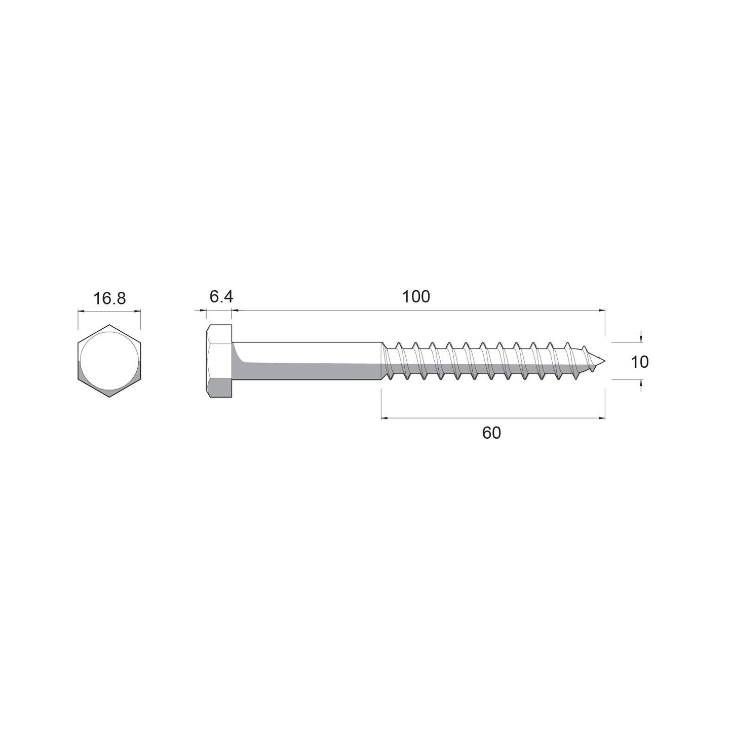 Zenith Stainless Steel 304 Hex Head Coach Screws - M10 x 100mm - 12 Pack