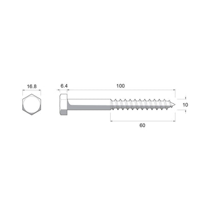 Zenith Stainless Steel 304 Hex Head Coach Screws - M10 x 100mm - 12 Pack