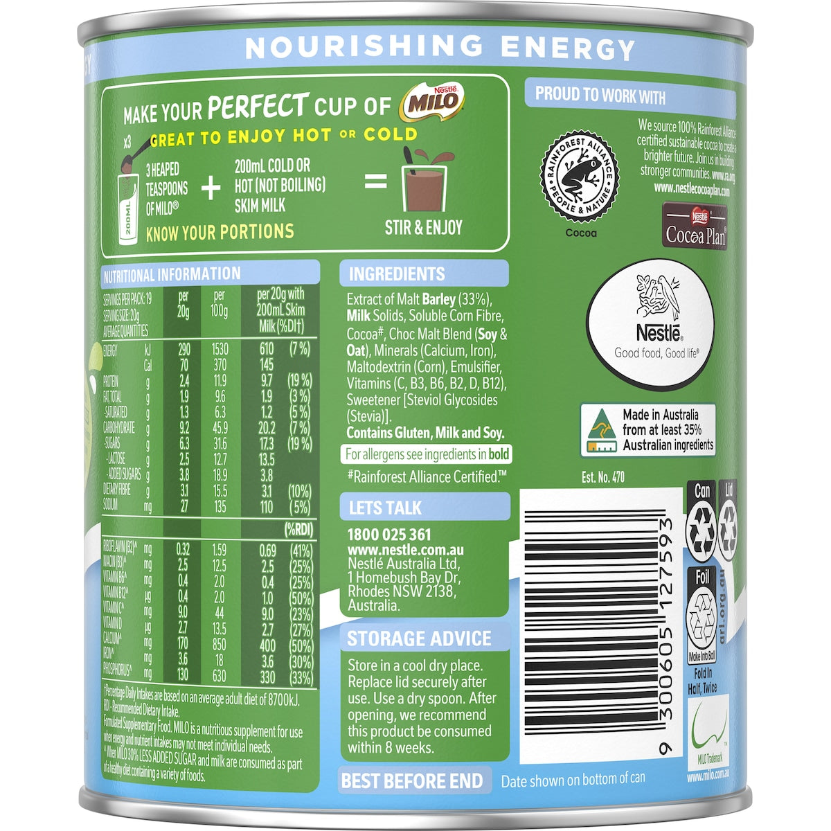 Milo 30% Less Added Sugar Chocolate Drinking Powder Hot Or Cold 395g