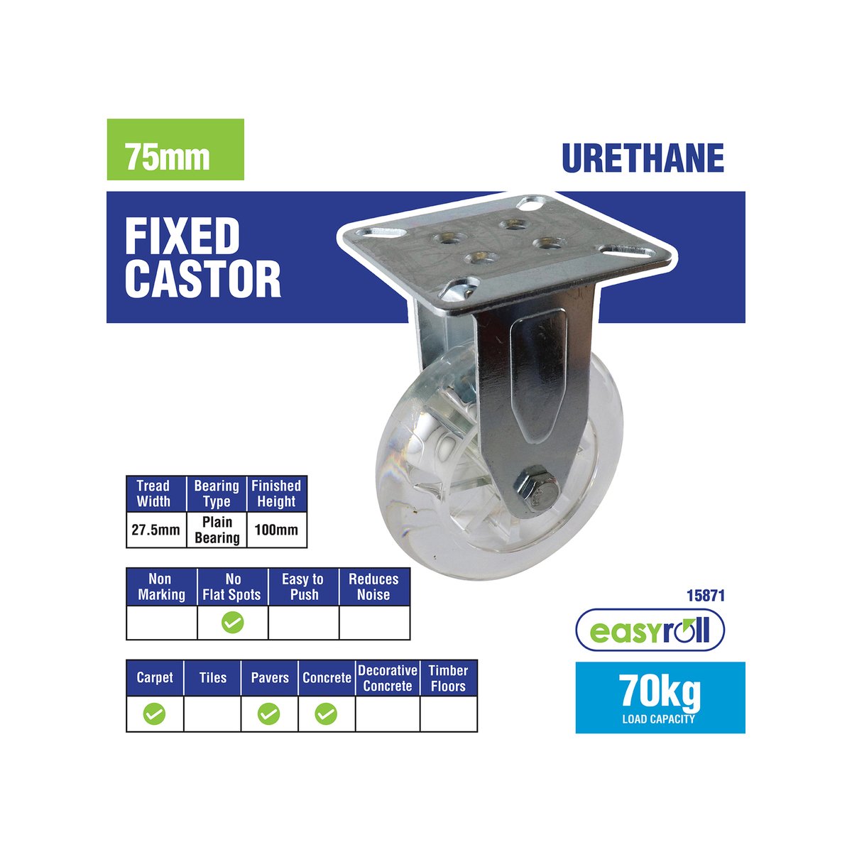 Easyroll 75mm Transparent Fixed Plate Castor Polyurethane 70kg Capacity