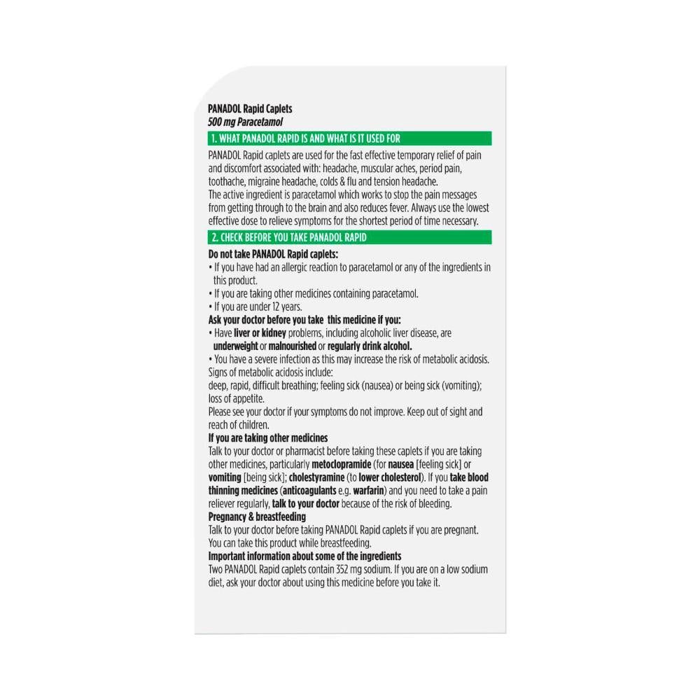Panadol Rapid Paracetamol Pain Relief Caplets - 8 Pack