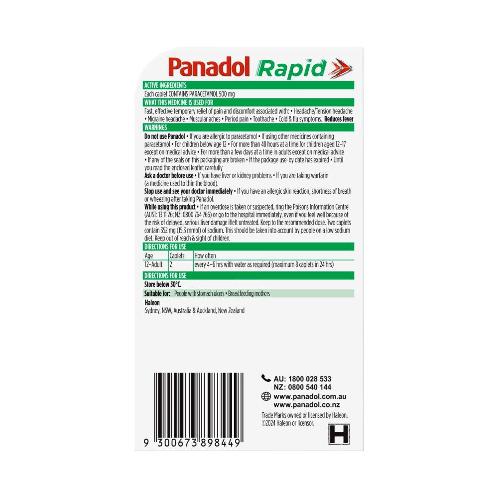Panadol Rapid Paracetamol Pain Relief Caplets - 8 Pack