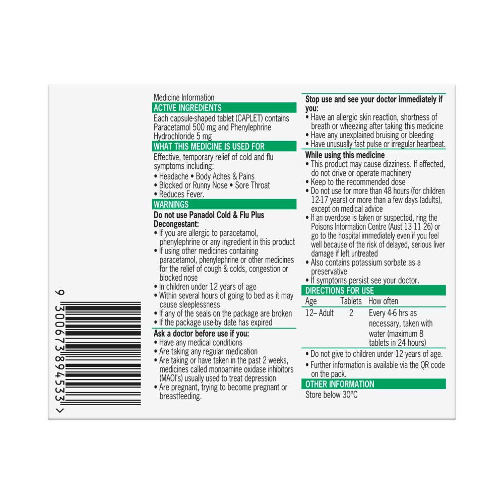 Panadol Cold And Flu Plus Decongestant - 16 pack