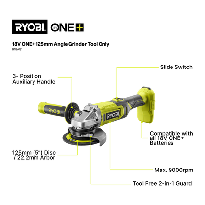 Ryobi Angle Grinder - 18V ONE+ - 125mm - 9000rpm - Tool Only